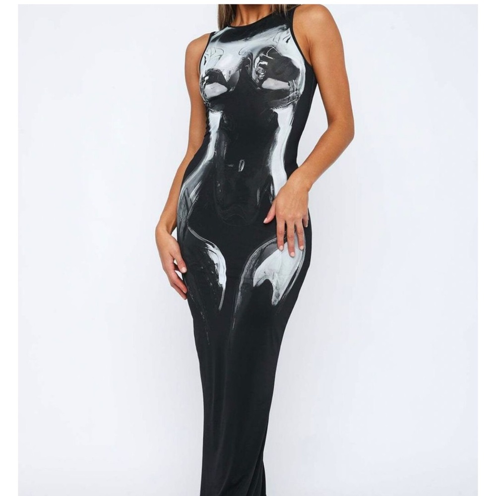 White Fox Boutique Halter Bodycon Maxi Dress Black Silver